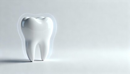 3D illustration of a glossy white tooth with a translucent outline, symbolizing dental health and hygiene, set against a soft gradient background with ample copy space