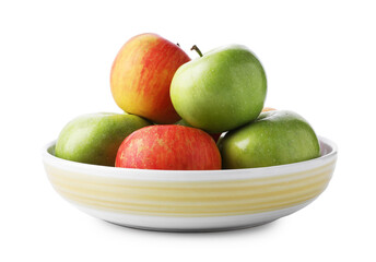 Red and green ripe apples in bowl isolated on white