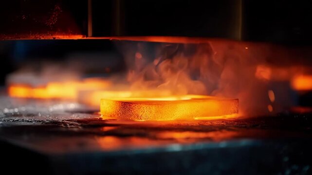 Focused medium shot of thermal laser cladding effect during forging capturing intense heat distribution and glowing metal surface modification for enhanced durability.