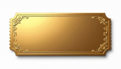 Golden ticket template isolated on white background for event invitation special offer. Blank metallic label with ornate vintage frame. Luxury coupon design for cinema theater pass with copy space