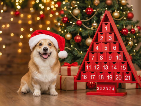 A cute corgi wearing a Santa hat and holding an advent calendar in front of a Christmas tree with presents in a festive setting. Concept for celebrating Christmas and New Year with pets.