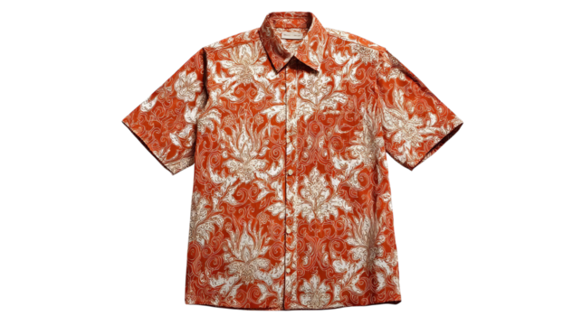 PNG of A vibrant, short-sleeved shirt featuring a red base adorned with intricate white floral patterns.
