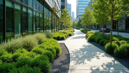 Modern urban walkway curves through rich green plantings. Tall buildings line one side, trees and manicured bushes form an aesthetic barrier. Pedestrians use pathway in a serene city landscape.
