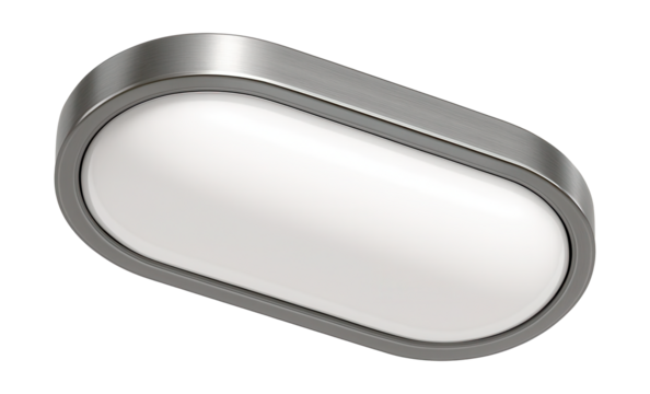 Oval fluorescent light fixture with a metal frame in a subway train.