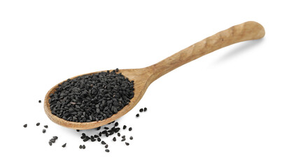Black cumin seeds in spoon isolated on white