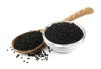 Black cumin seeds in bowl and spoon isolated on white