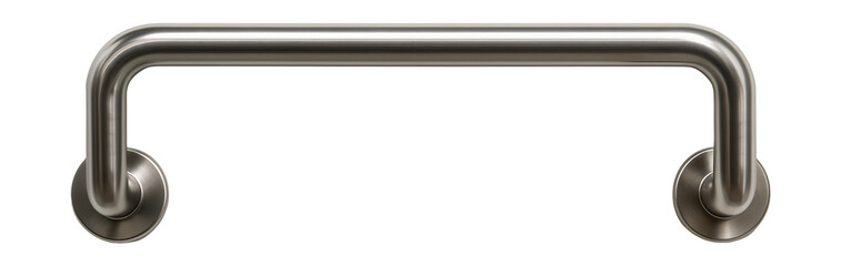 Stainless steel handrail mounted horizontally on the train wall above the seats.