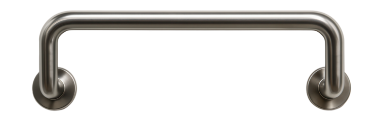 Stainless steel handrail mounted horizontally on the train wall above the seats.