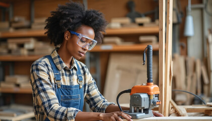 Afro woman wears safety goggles uses woodworking router tool in her carpentry shop. Skilled artisan works with timber for furniture making. Diverse joiner builds woodcraft in workshop.