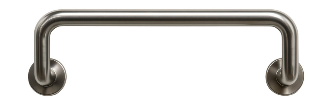 Stainless steel handrail mounted horizontally on the train wall above the seats.