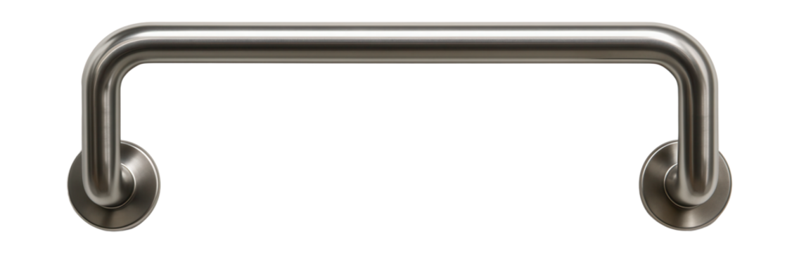 Stainless steel handrail mounted horizontally on the train wall above the seats.