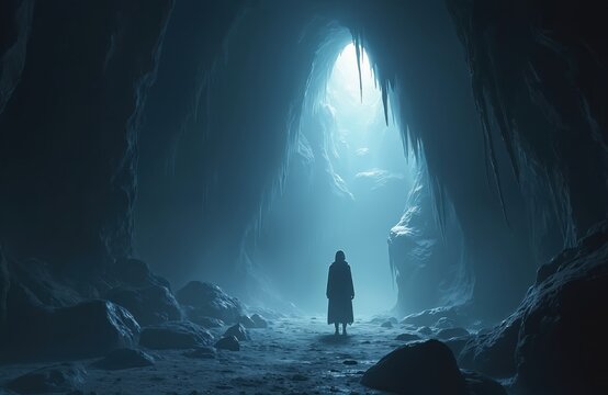 Lone hooded figure walks into vast dark icy cave. Jagged rock formations, sharp icicles hang from cold ceiling. Bright glowing light illuminates distant cavern opening. Person explores cold - Powered by Adobe