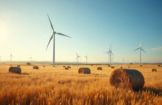 Windmills stand in golden field with hay bales under blue sky. Tall turbines generate clean electric power. Farming landscape blends nature and eco industry for sustainable future.