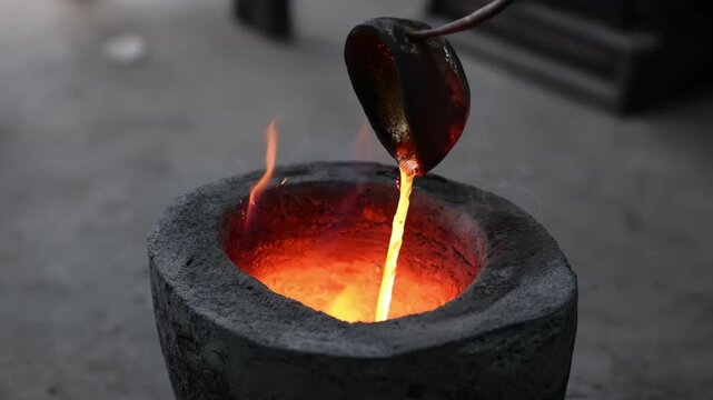 Closeup medium shot of zinc alloy being melted and cast with advanced leadfree techniques highlighting safety measures and equipment.