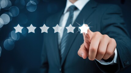 Five Star Rating: A professional's finger highlights a glowing star within a five-star rating system, symbolizing excellence and superior service. This image speaks volumes about satisfaction.