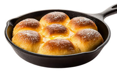 Close-up of golden brown dinner rolls topped with butter in a skillet highlighting cozy homemade baking and hearty meals isolated on transparent background PNG