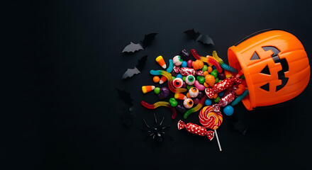 Spooky Halloween treats spill from pumpkin bucket with bats and spider for festive fun, perfect for party invitations, promotions, and seasonal celebrations