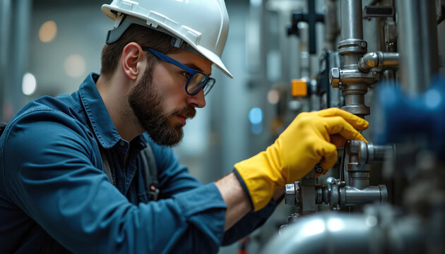 Man in hard hat and glasses works on metal pipes. He wears blue shirt and yellow gloves, fixing complex industrial system. Focused technician with beard at mechanical plant.