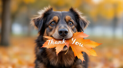 Cute dog holding autumn leaves with Thank You text in mouth sitting in park.