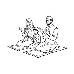 Muslim Family Praying Together Line Art Illustration