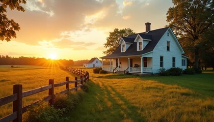 White farmhouse with porch sits in golden hour light beside wooden fence. Tall trees border field and distant barn. Warm sunset sky with clouds.