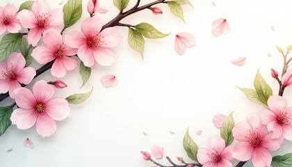 Naklejka premium Watercolor frame of pink cherry blossom flowers with falling petals. Floral design element with branches on white background. Gentle botanical decoration for greetings or invitations with copy space.