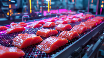 Fresh salmon fish pieces on conveyor belt with digital grid overlay symbolizing modern food processing technology