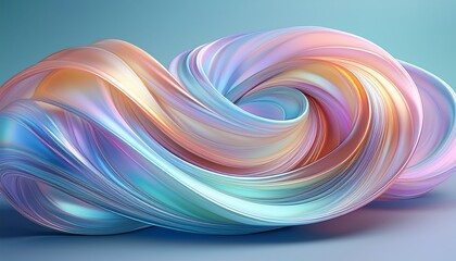 a swirling iridescent ribbon of pastel colors twisted into a fluid wavelike shape against a soft blue background