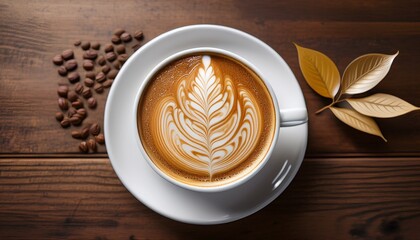 photo of overhead view of a delicious latte coffee with intricate art in a white cup and saucer on a wooden table perfect for morning energy