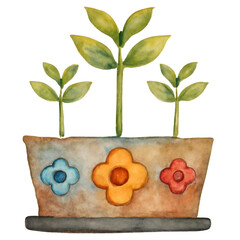 Watercolor Potted Plants with Decorative Pot