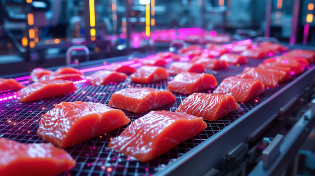 Fresh salmon fish pieces on conveyor belt with digital grid overlay symbolizing modern food processing technology