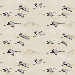 Flocks of birds and stylized mountains on a light background.Pattern of landscape with flying birds, mountains and dry trees.