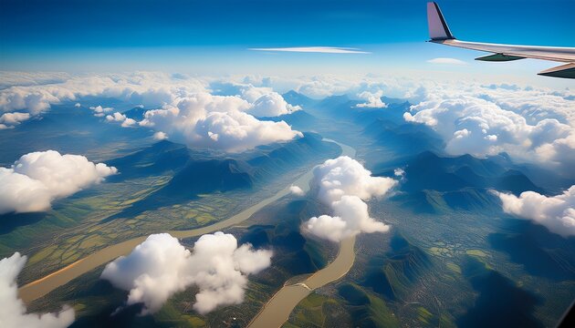 aerial view from airplane window of white fluffy clouds floating above landscape with mountains and rivers