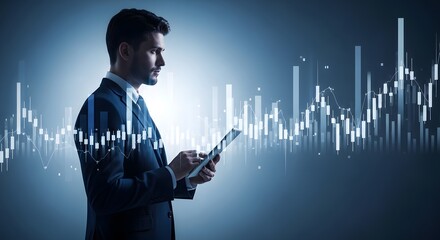 Businessman analyzing financial data on a tablet with digital graphs