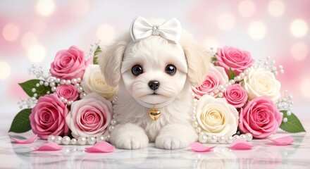 Fluffy white puppy with a bow amid roses and pearls. Suitable for pet, love, and giftthemed designs or greeting cards.