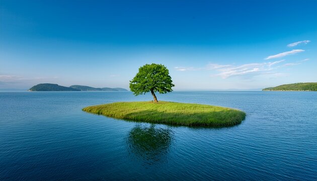 a single green tree stands tall on a small grassy island surrounded by calm water and smaller islands