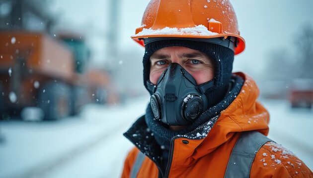 Man in thermal suit works outside during winter. He wears safety helmet face mask and warm clothing. Snowy weather scene with construction equipment. Winter job working environment.