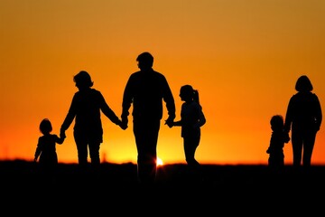 Silhouetted Family Walking Hand-in-Hand at Sunset