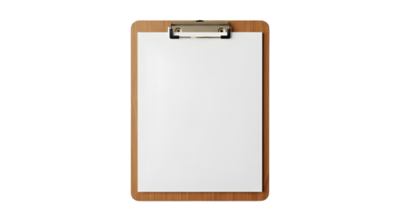 Blank White Paper on Wooden Clipboard Mockup Isolated on White Background