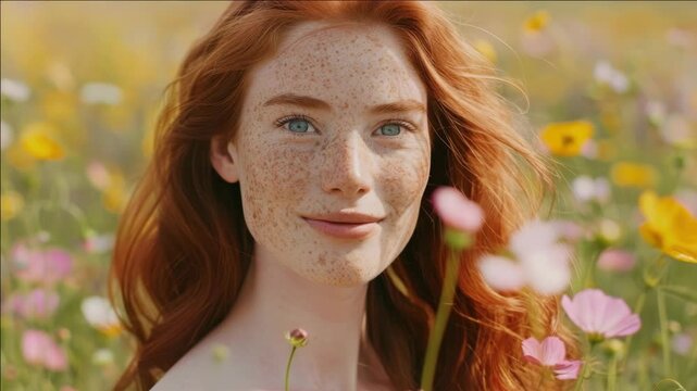 A young woman with freckles and red hair smiles at the camera while surrounded by colorful wildflowers. She has fair skin and is wearing no visible makeup or jewelry.