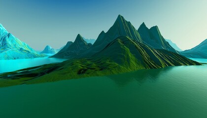 abstract 3d landscape resembling a mountain range with green peaks and blue water or land texture