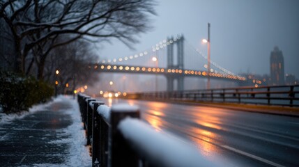 Fototapeta premium Snowy Urban Bridge Scene with Evening Lights and Winter Atmosphere