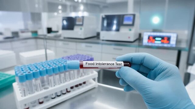 Gloved laboratory technician holds a blood sample tube labeled food intolerance test in a modern clinical lab environment with diagnostic equipment.