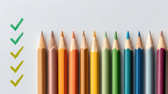 Colorful Pencils Aligned with Green Check Marks — Creativity and Organization