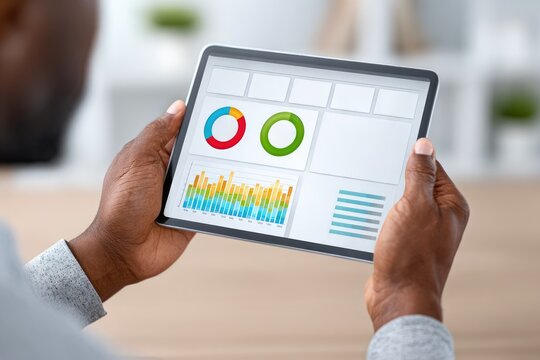 Businessman Holding Tablet with Data Charts and Analytics Dashboard