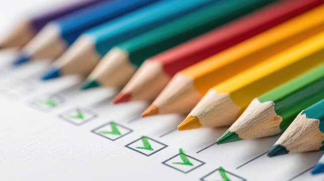 Vibrant Colored Pencils on Checklist with Green Check Marks