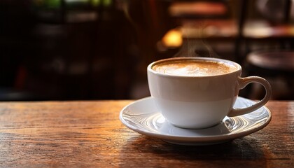 closeup image of hot coffee cup on vintage wooden table in cafe copy space available