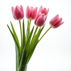 Fototapeta premium Five pink tulips stand in a clear vase. Green leaves and stems are visible. Fresh spring flowers isolated on white background. Perfect for greeting cards.