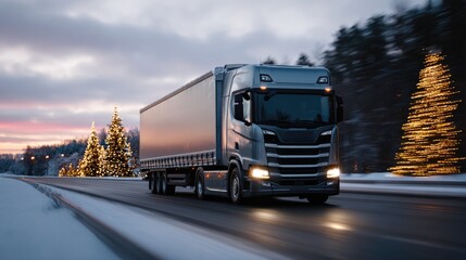 Modern Truck Driving on Decorated Christmas Road with Holiday Lights