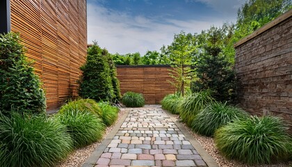 modern tranquil garden pathway featuring gravel and stone tiles framed by lush green plants and a backdrop of wooden and brick walls